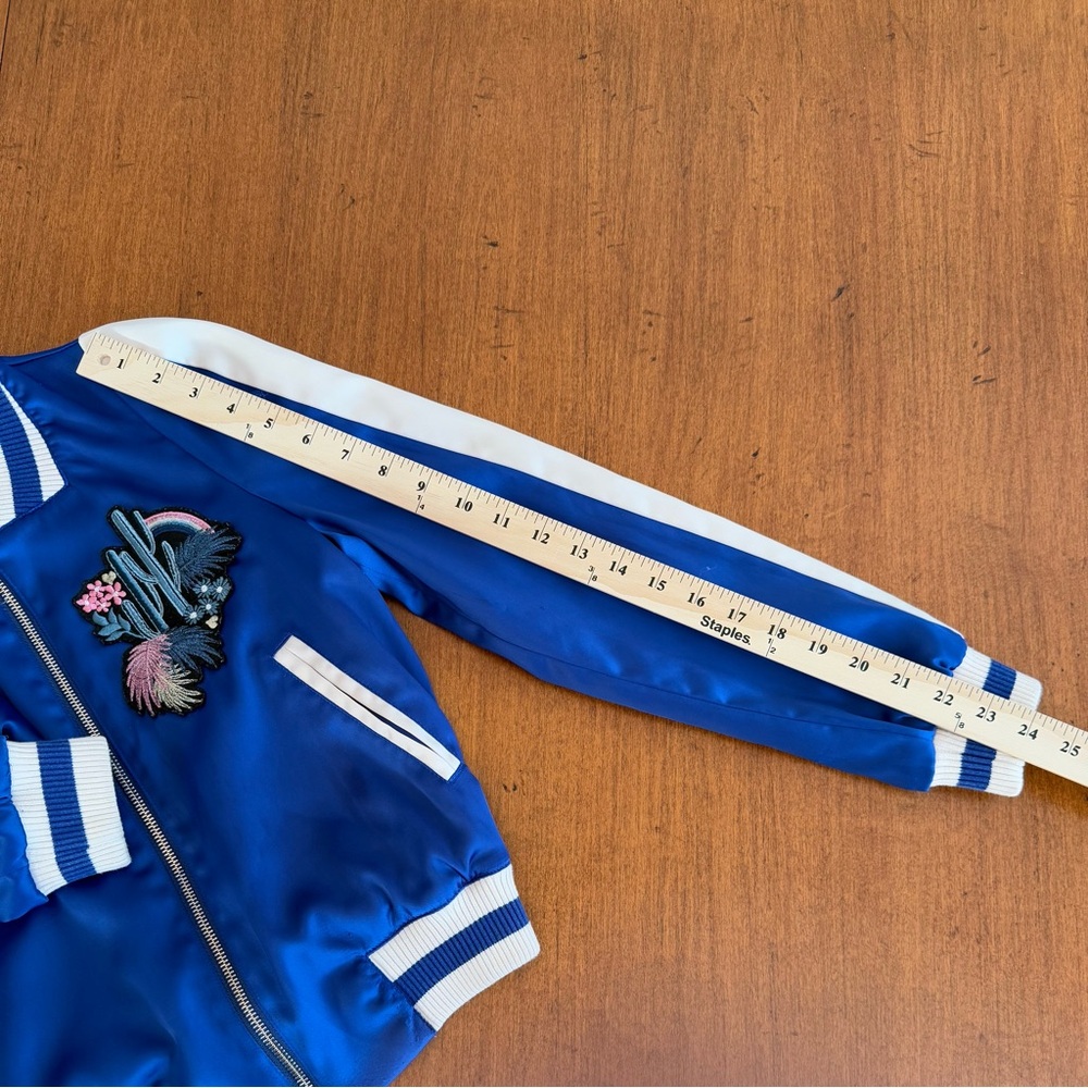 Maje Blue and White Satin Bomber Jacket with Cactus appliqué - Picture 8 of 12